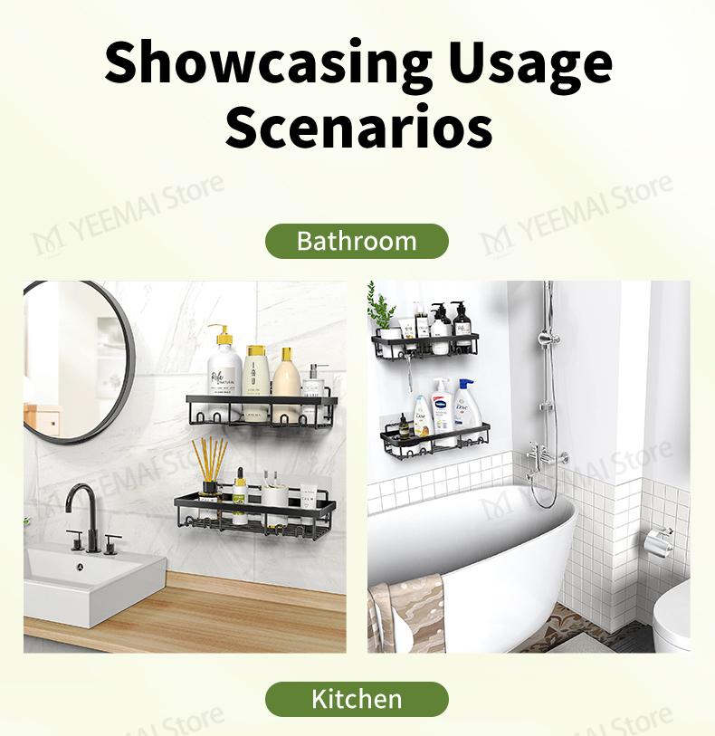 Hollow Bathroom Shelf - No-Drill Adhesive, Multi-Functional Shower Rack, Ideal for Bathroom and Kitchen, Home Farmhouse Style Wall Shower Interior Organization and Storage Decor, Bathroom Accessories