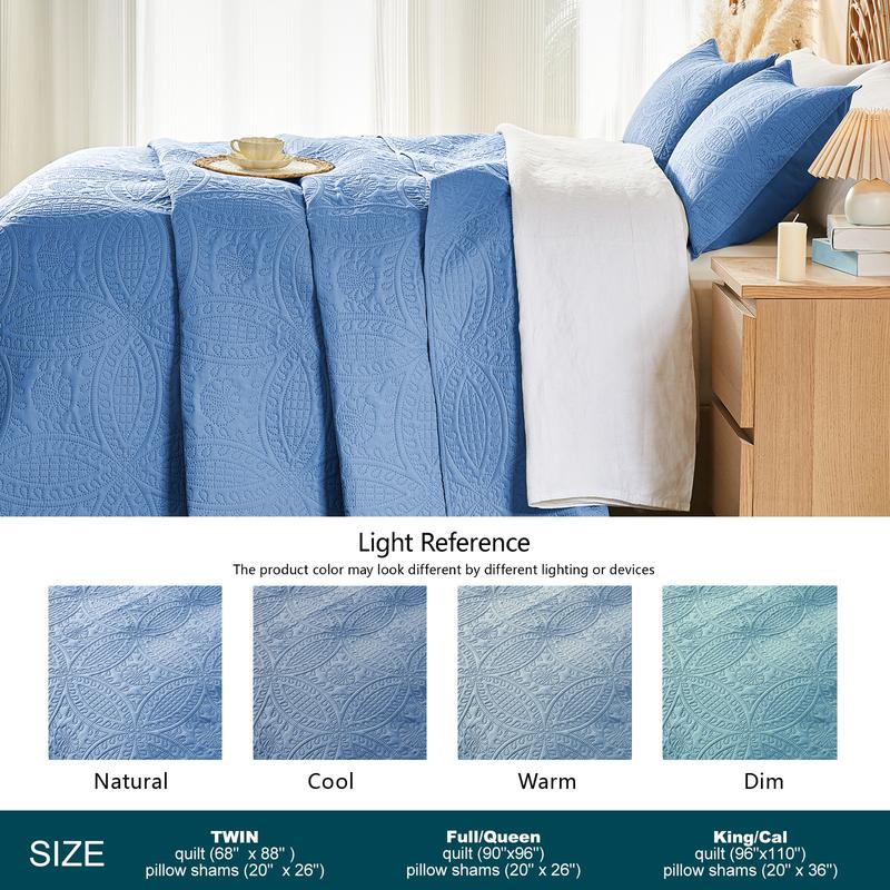 3-Piece Reversible Quilted Bedspread Set — Lightweight Embossed Microfiber Coverlet with Pillow Shams, Smooth & Skin-Friendly
