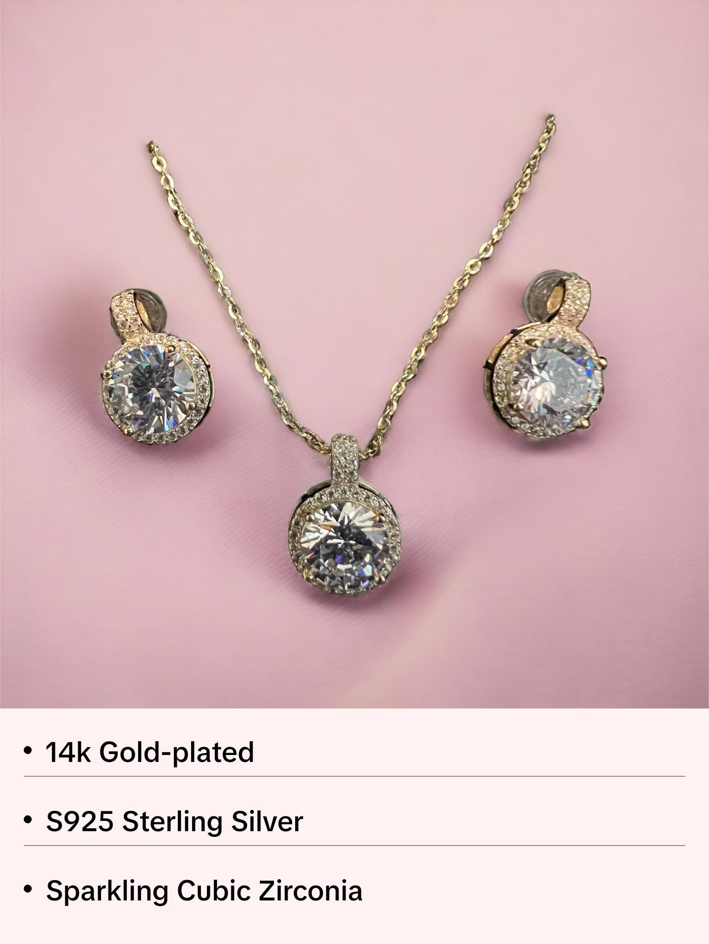 Gilded Elegance: Gold Cubic Zirconia Stud Earrings and Necklace Set in Sterling Silver