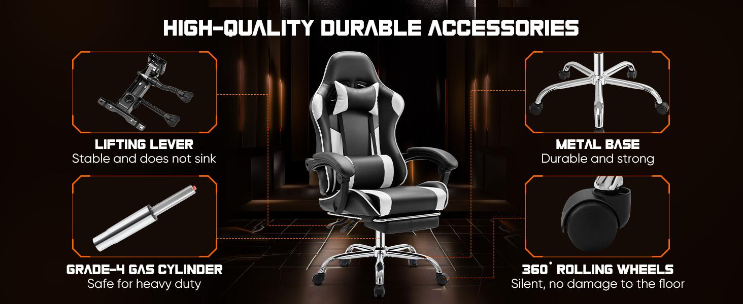 Gaming Chair Desk Chair - with Footrest and Lumbar Support, PU Leather Recliner with Headrest, Fixed Up Armrest, Height Adjustable with 360° Swivel
