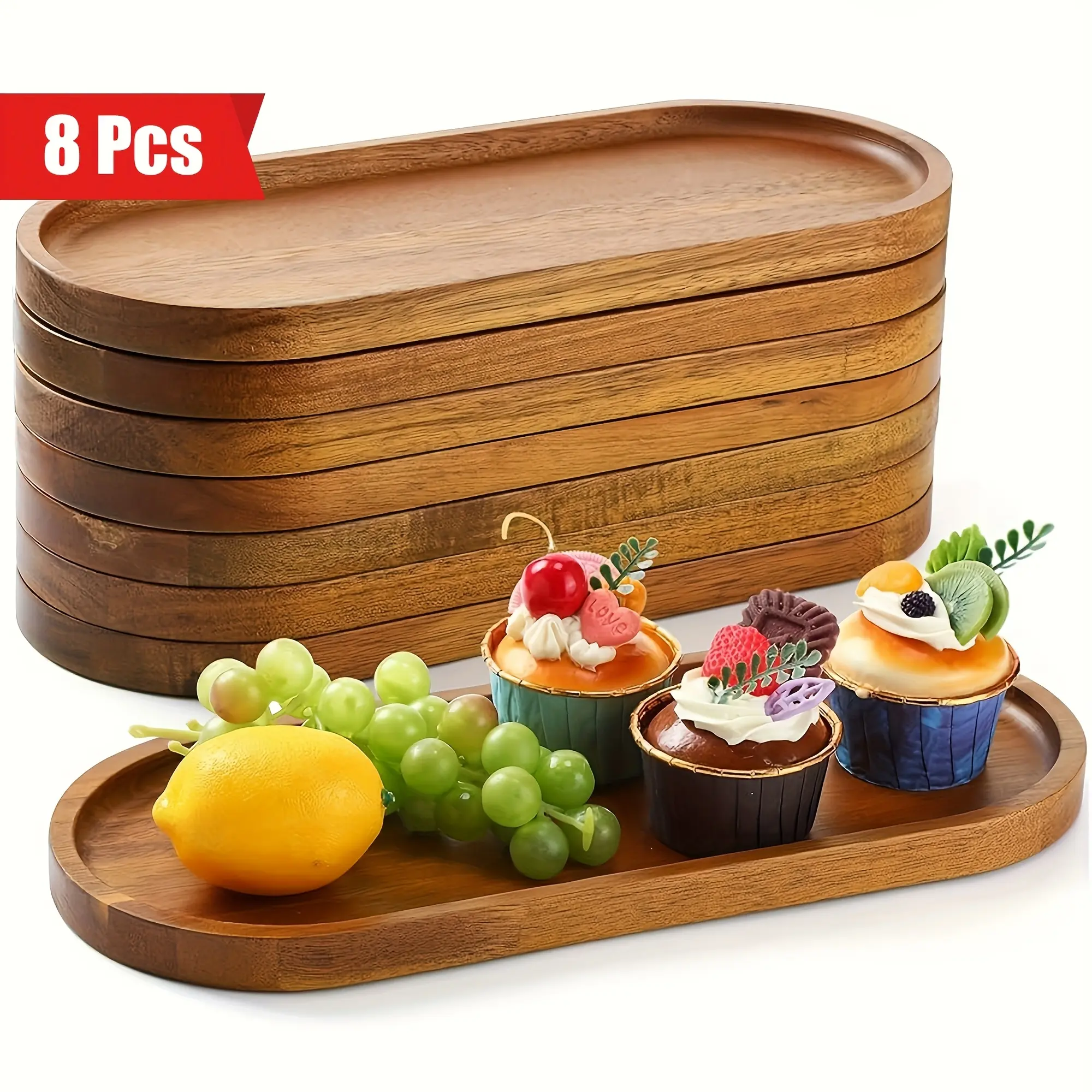 Set of 4 or 8 wooden serving trays (4.12 inches and 11.42 inches), including an oval wooden tray, cheese tray, and dessert/snack/bread/fruit tray; suitable for kitchen decoration and ideal as plates for parties, buffets, barbecues, and more. Available who