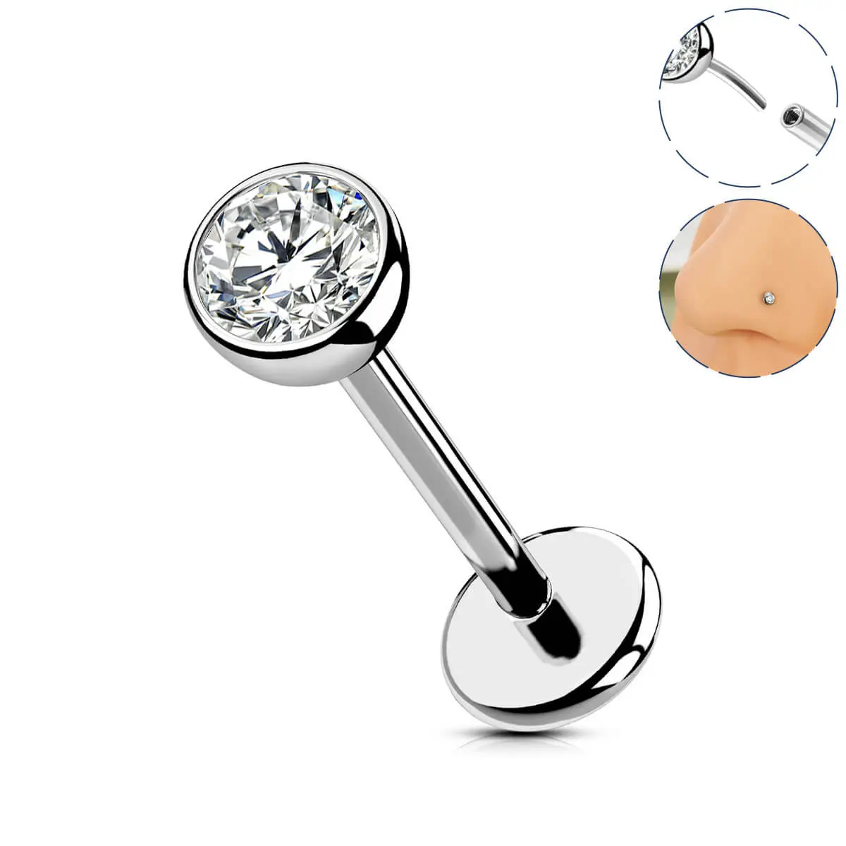 OUFER 20G Titanium Flat Back Nose Stud Push Pin Nose Ring, Secure and Tight Nose Jewelry for Women
