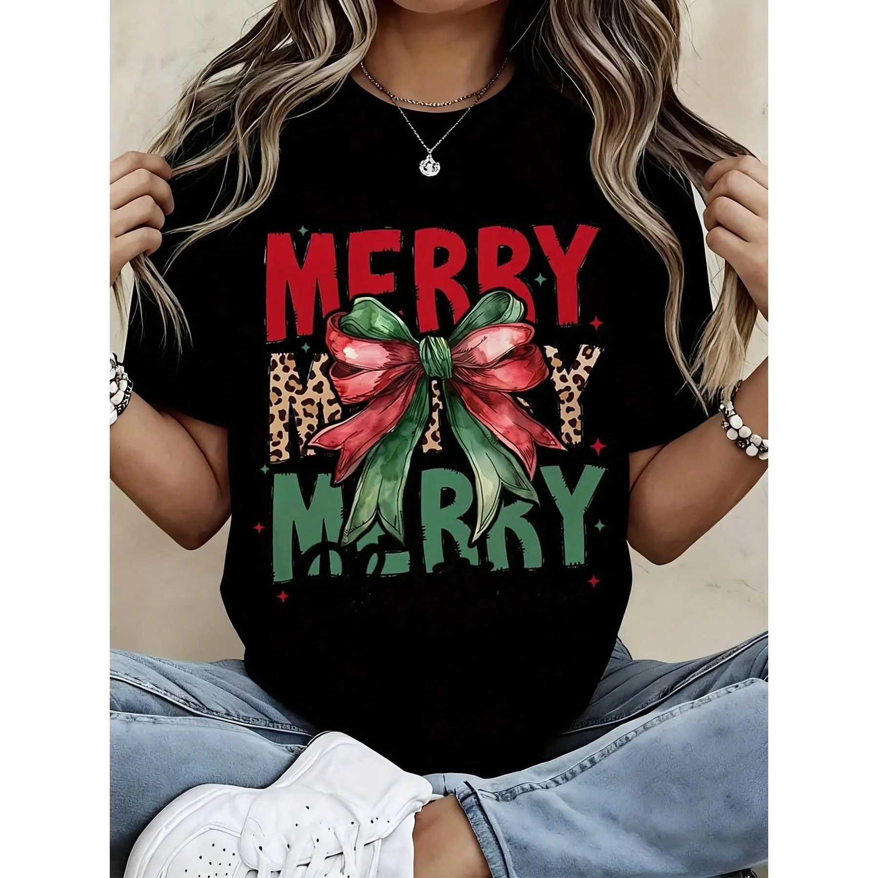 Merry Christmas Women's Black T-Shirt With Leopard Print Bow And  Holiday Design, Festive Xmas Top For Women, Casual Christmas Sweater Shirt, Seasonal Holiday Outfit