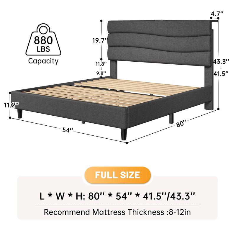 【The First Best Bed For Teens】Raybee Bed Frame Upholstered Headboard Height Adjustable Wavy Line Top Storage Shelf & USB Type-C Charging Noise-Free,Easy Assemble & Clean,Qeen Beige,Cream,Gray,King,Full