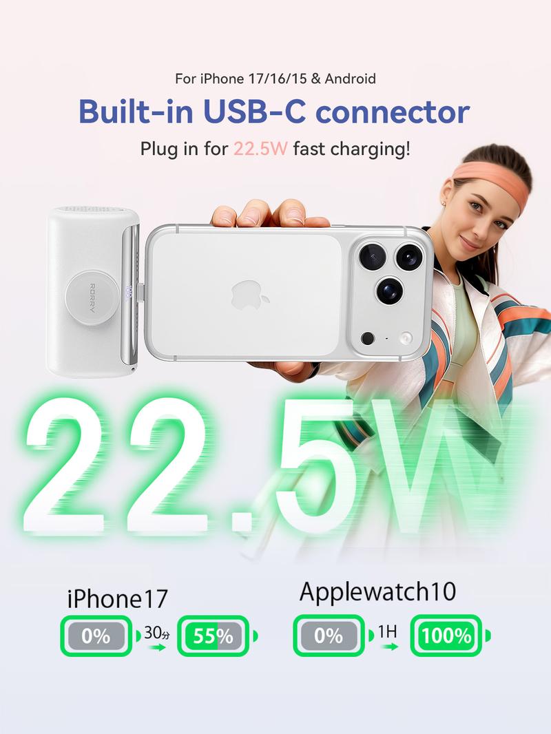 RORRY PalmGo Portable Charger 10000mAh Fast Charging Small Power Bank Travel Essential Battery Pack for iPhone 17/16/15/14/13/12/11 Series and Apple Watch Ultra/11/10/9/SE iPad Android Switch Valentinesdaygift