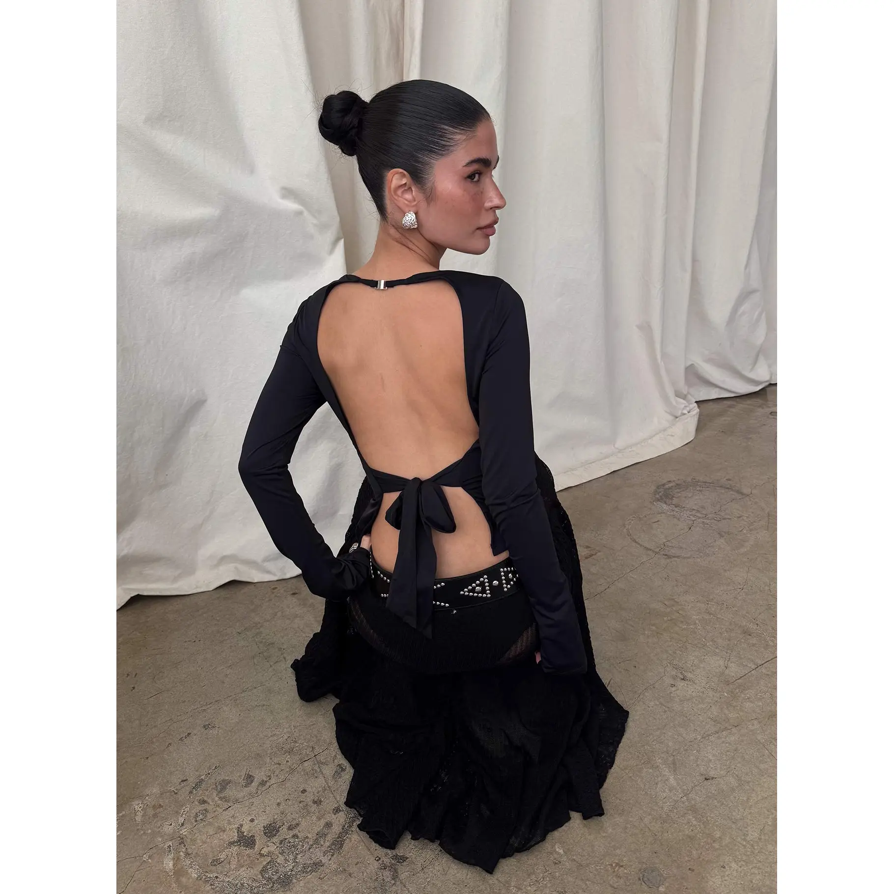 Harpur Long Sleeve Backless Top Black