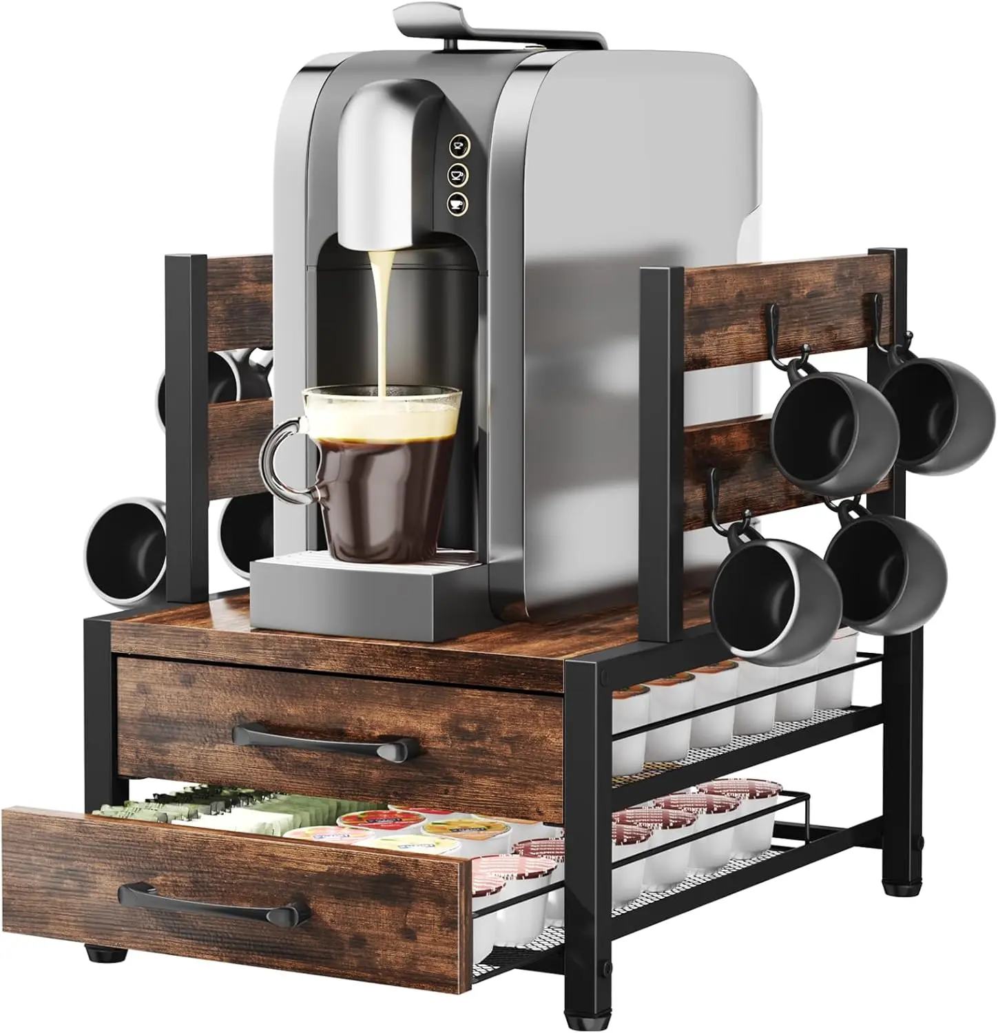 Coffee capsule storage rack and mug holder, coffee machine rack, K-cup drawer - coffee pod organizer, sturdy K-cup storage drawer with mug rack, coffee machine stand, holds 70 pods, home kitchen countertop organizer, rustic brown