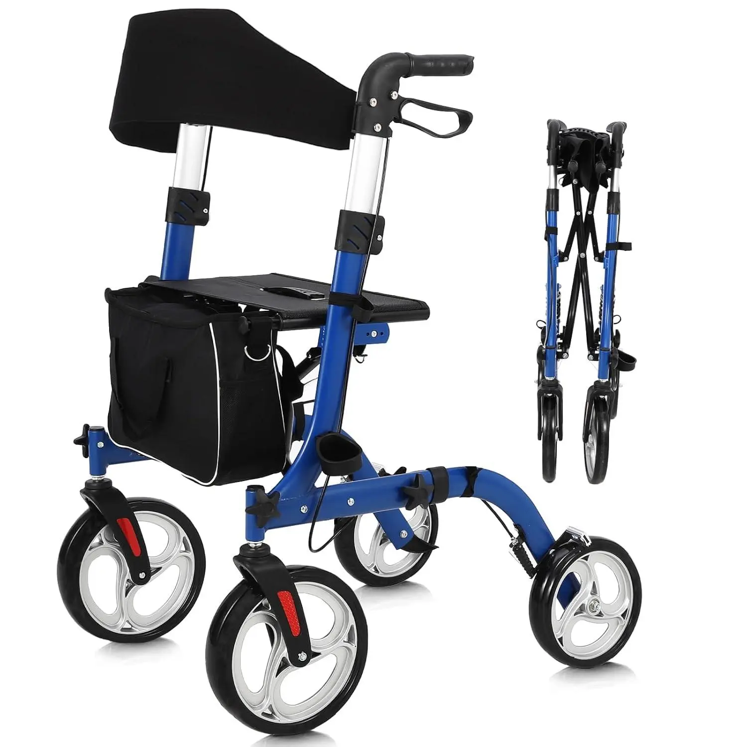 Seniors' Healthcare Aluminum Safety Rolling Walker Equipment with Cane & Single Seat - 15.6 lbs Lightweight, Quick-Folding, Portable, All-Terrain 12 in Non-Slip Rubber Wheels, Compact Fold, 34-40 in Adjustable Height, Triangular Base, 330 lbs Capacity