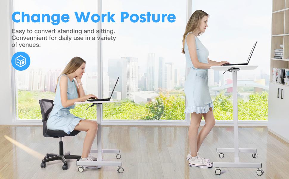 Sweet Furniture Small Mobile Rolling Standing Desk - Overbed Table, Teacher Podium with Wheels, Adjustable Work Table for Home, Office, Classroom