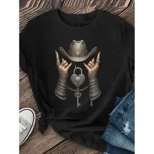Women's Western Cowboy Graphic Tee for Festivals and Casual Days with Metallic Accents in Maroon