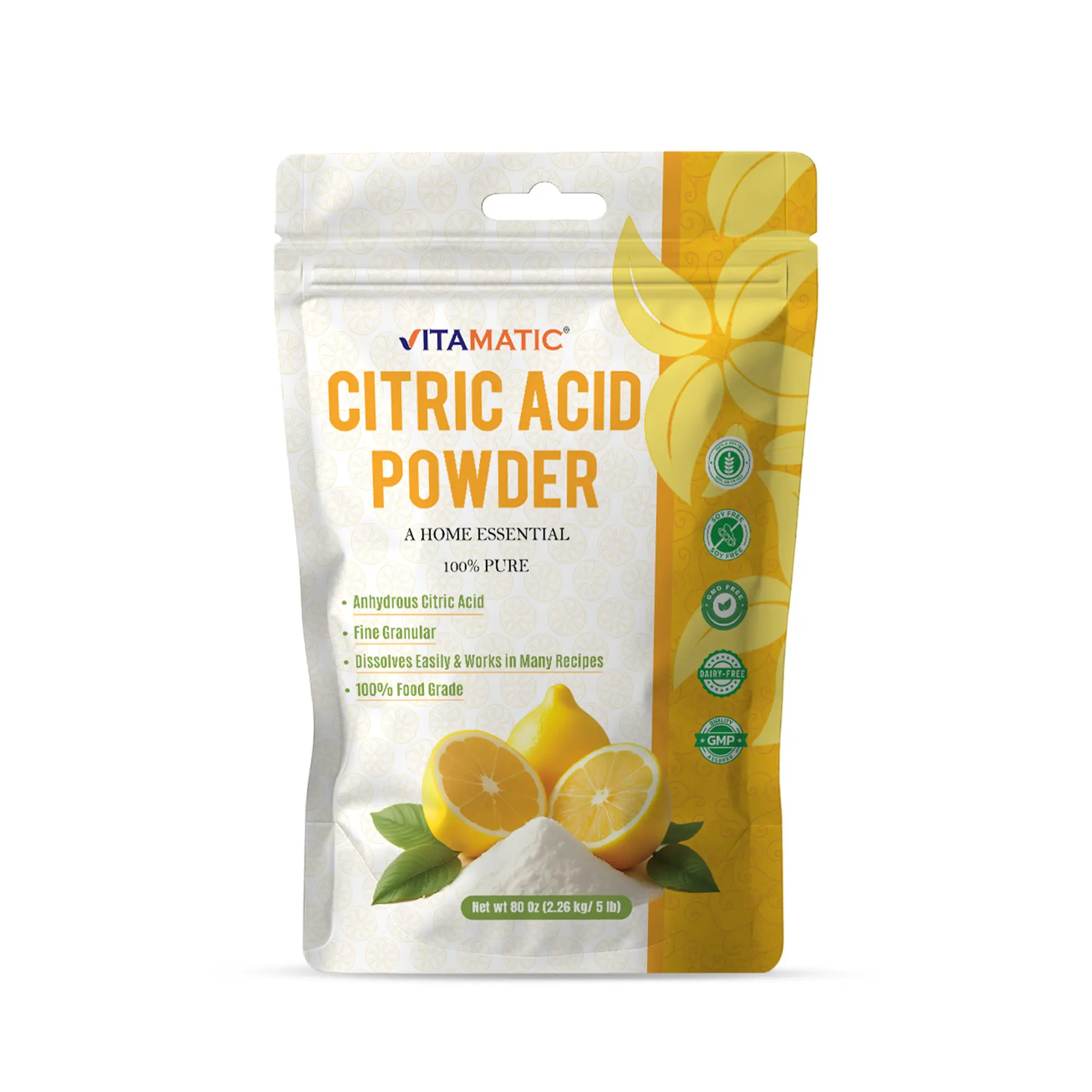 Vitamatic 100% Pure Anhydrous Crystalline Citric Acid Powder - 5 lb (80 oz), Food Grade, No Fillers or Additives, Easy Dissolving for Cooking, Baking, Cleaning