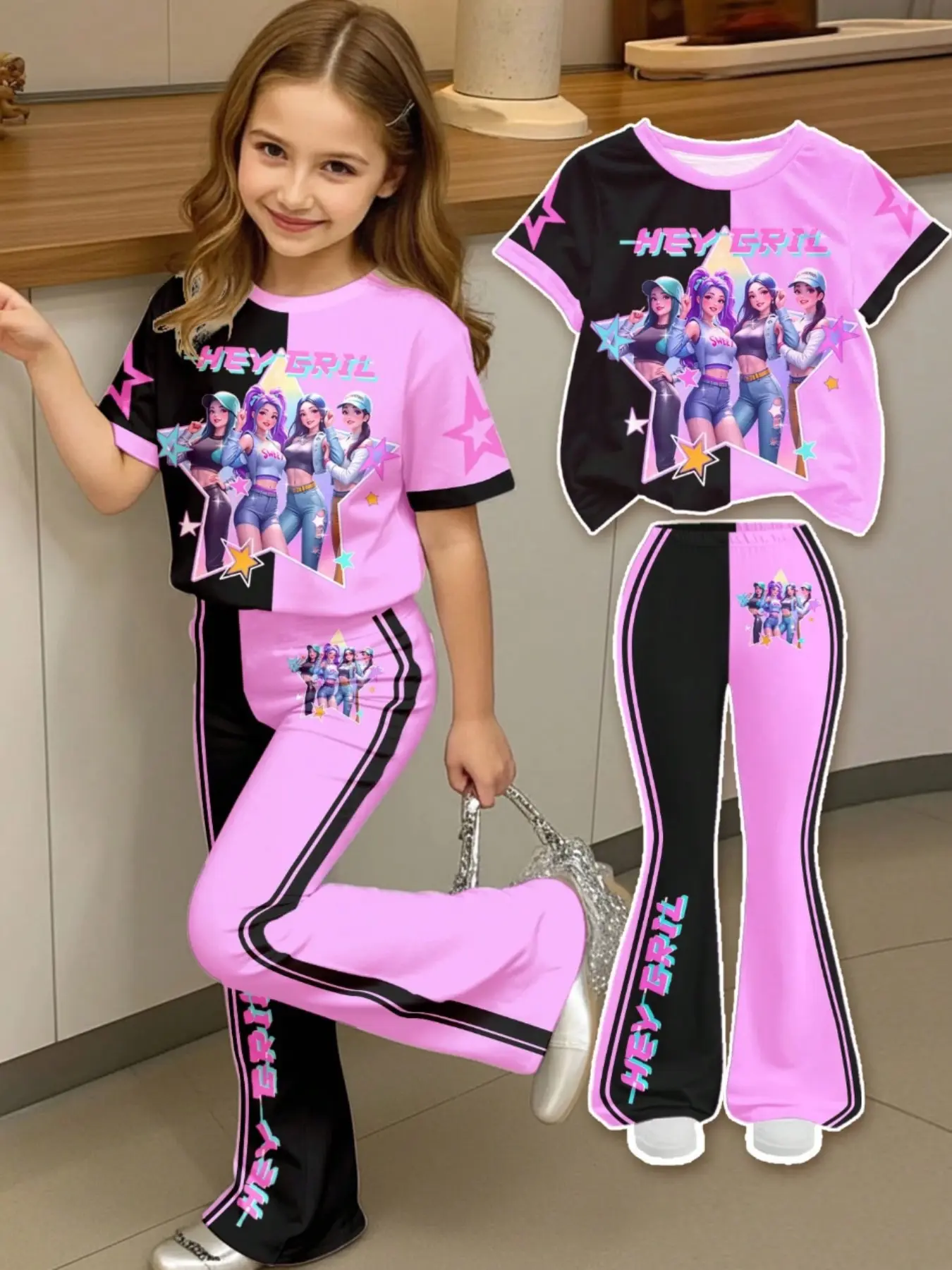 2-Piece Girls' Casual Q-Style Loose T-Shirt with Bell Pants, Tee Pants Set, Perfect for Back-To-School, Concerts, Daily Wear, Summer Clothing