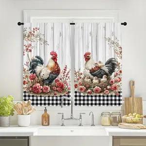 [Vintage Curtains] 2pcs Vintage Farmhouse Floral Rooster Print Curtains |   Light Filtering, Rod Pocket Design, Polyester Fabric - Perfect for Kitchen, Living Room, Office & Bedroom Decor