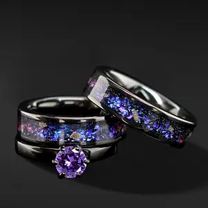 NEBULA Unique Engagement Wedding Rings Set | Natural Meteorite and Opal | Tungsten Wedding Bands for Him & Her