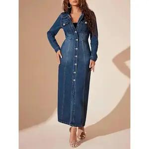 Women's Vintage Single-Breasted Waist-Cinching Denim Dress, Long-Sleeved Lapel Slim-Fit Denim Coat-Style Maxi Skirt, Versatile Casual Dress For Spring, Autumn And Winter Suitable For Various Occasions
