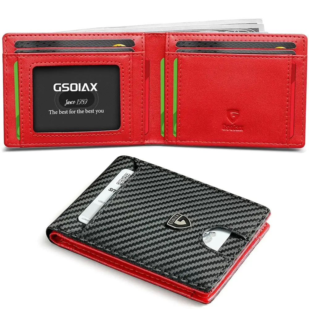 GSOIAX Slim Wallet for Men Rfid Blocking Leather Bifold Front Pocket Carbon Fiber Men's Money Clips Credit Card Holder With Gift Box