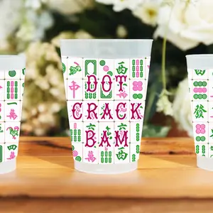 FC6660- Dot Crack Bam Pink and Green on Clear Mahjong Shatterproof Frosted Cups 20 Ounces Set of 6 (Copy)