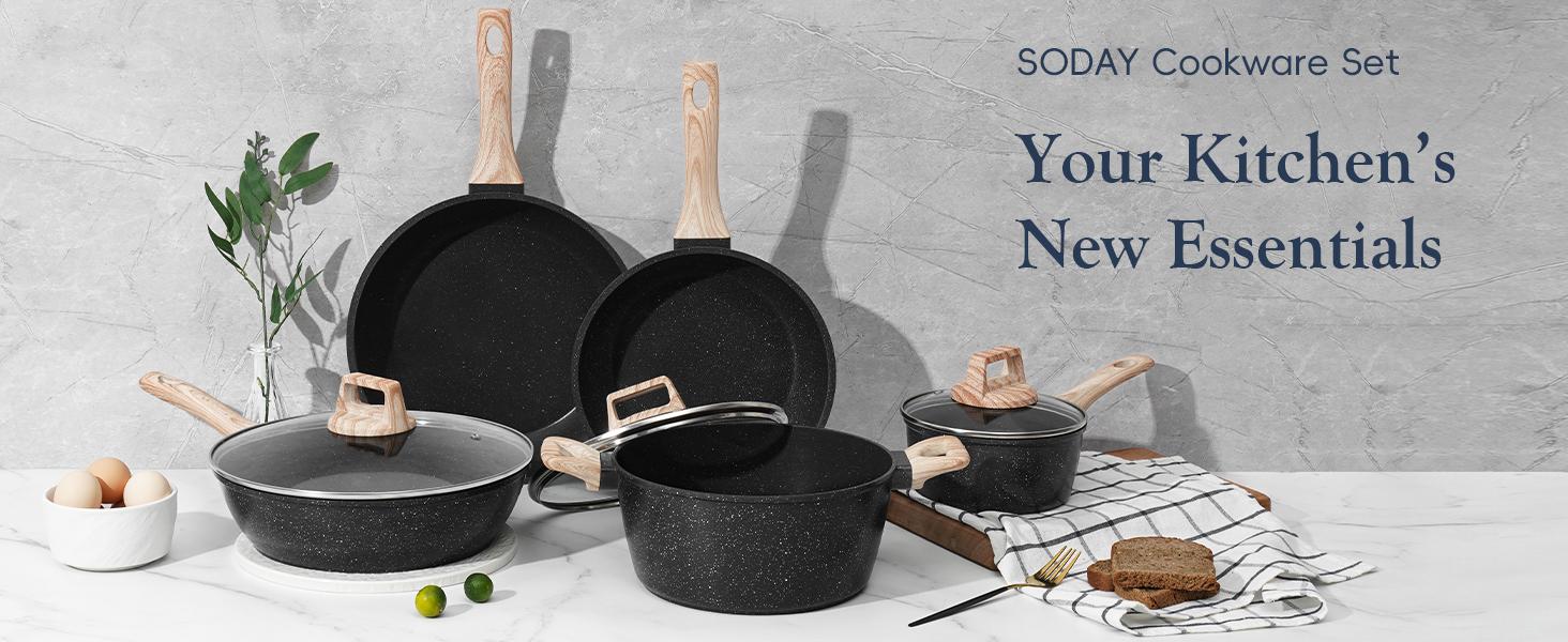 [NEW] SODAY 12 POTS and Pans Set B,NonStick Granite Cookware Set ,Non-toxic Healthy Nonstick Kitchen Cooking Set with Frying Pans, Saucepans,Glass lid,Kitchenware,stock up on specials,Valentines Day gifts