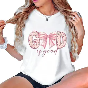 Vintage Christian God Is Good Bible Verse T-Shirt with Floral Bow Design Casual Top Festivals Made In USA For Women For Men [SaffronSequin 180G/230G 100% cotton short-sleeve/hoodie, soft and comfortable]