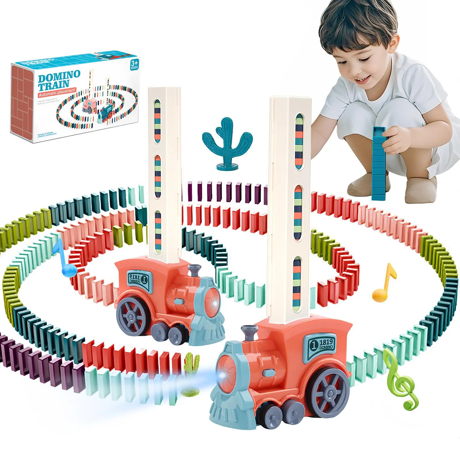 Domino train set, an educational toy for children, with automatic domino release cards and 60 dominoes. It helps develop hand-eye coordination and color recognition, making it a perfect birthday gift, party gift, and children's present.