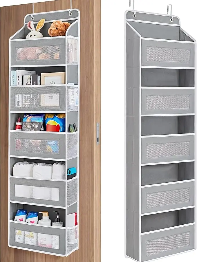 Heavy Duty 5 Tier Over-The-Door OrganizerGrey 1 Pack, Anti-Tilt Hanging Storage with 5Pockets Clear Windows 48lbs Capacity, OverDoor Storage Organizer for Bathroom KitchenCloset Small Space Organization,dormessentials, home decor