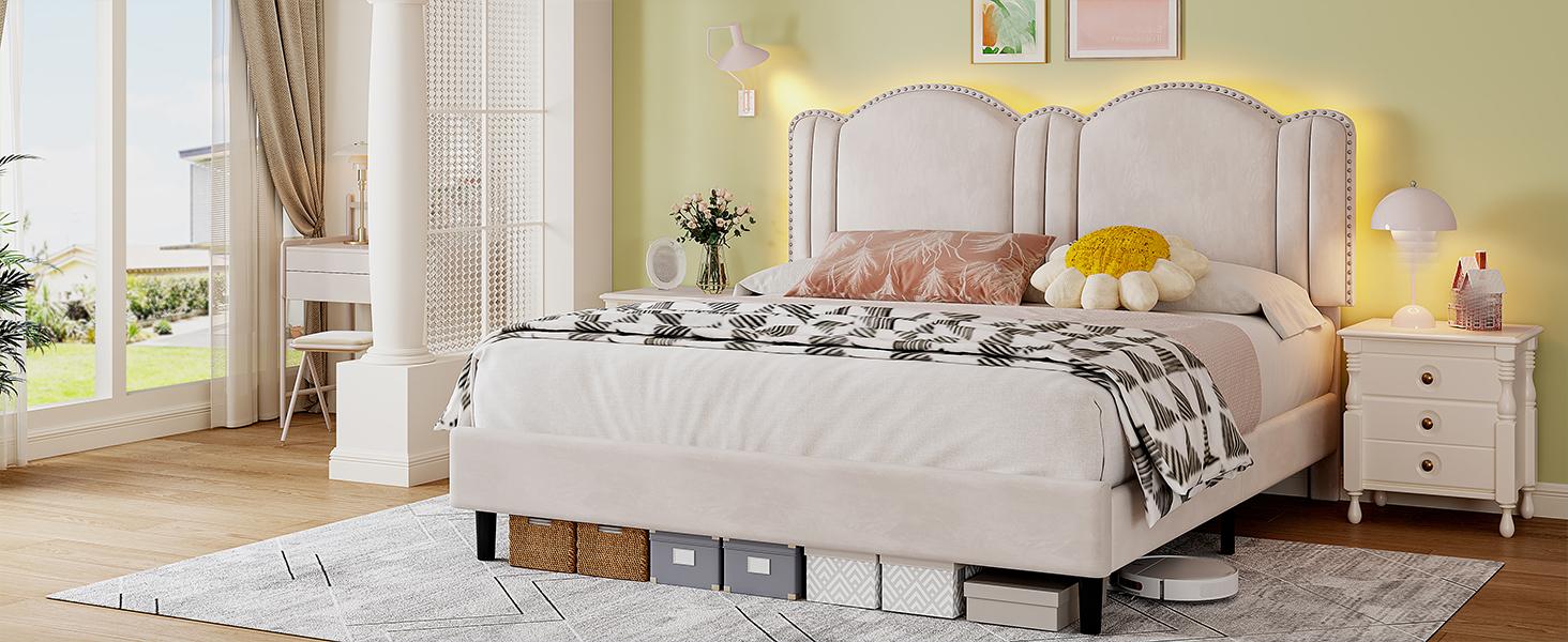 Raybee Furniture Full/Queen Size Upholstered Bed Frame with Velvet Cloud Headboard, Pink Princess Bed Frames with Storage Drawer and LED, Headboard Height Adjustable, Strong Support, No Box Spring Needed, Easy Assembly [Black Friday]