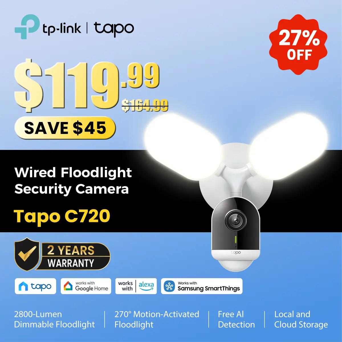 TP-Link & Tapo C720 | 2K QHD Floodlight Security Camera | 2800 Lumen 270° Motion-Activated Light | Free AI Person/Vehicle Detection | No Monthly Fees | Works with Alexa & Google Home