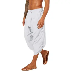 Runcati Mens Linen Harem Capri Pants Drawstring 3/4 Shorts Casual Beach Yoga Hippie Thai Pants