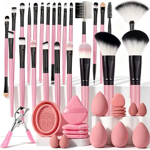 44pcs Waterproof Cosmetic Makeup Tools Set Kit for Beauty Lovers - Smooth Apply Brushes, 8 Sponges, 9 Triangle Powder Puffs, Massage Roller, Guasha Board, Hairband, 2 Hand Bowl Straps, Brush Cleaner, Easy Carry Organizer, Durable