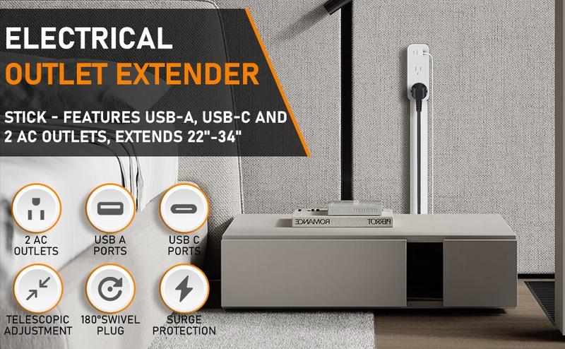 EAZY Outlet Extender with USB-C, USB-A & 2 AC Outlets, 180° Rotating Power Socket Expander, Extendable 18"-28" Wall Plug Adapter for Hard-to-Reach Outlets Behind Couches, Beds, Nightstands & Desks
