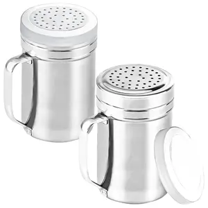 2Pcs Metal Salt Pepper Dredge Shakers Stainless Steel Pepper Shaker Seasoning Jar With Handle With Hole And Cover Suitable For Pepper Cinnamon And Coffee Spice Jars (Large-14OZ)