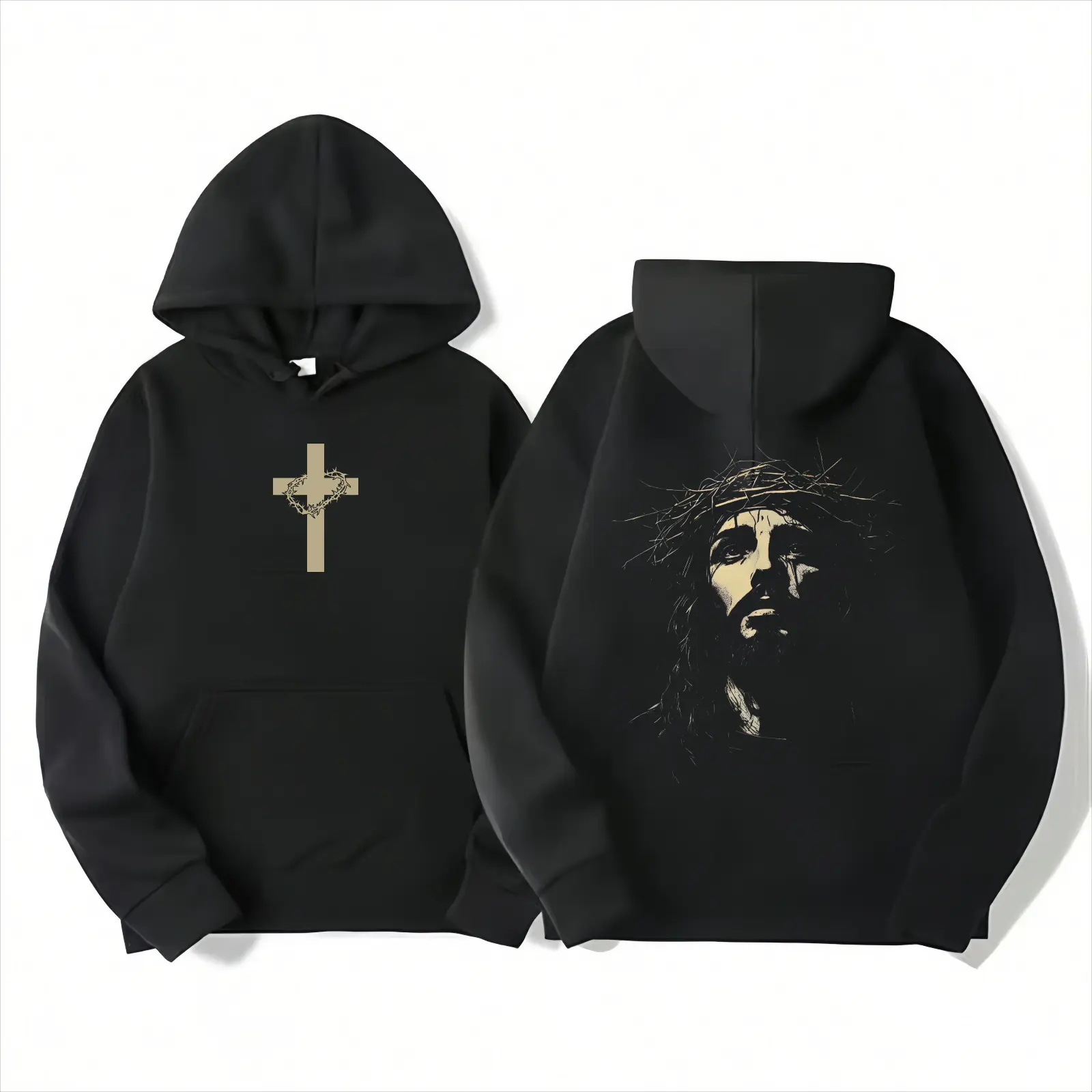 Men's Vintage Crown-of-Thorns Jesus Pullover Hoodie, Front Cross & Back Jesus Print Christian Faith Sweatshirt, Religious Gift for Believers