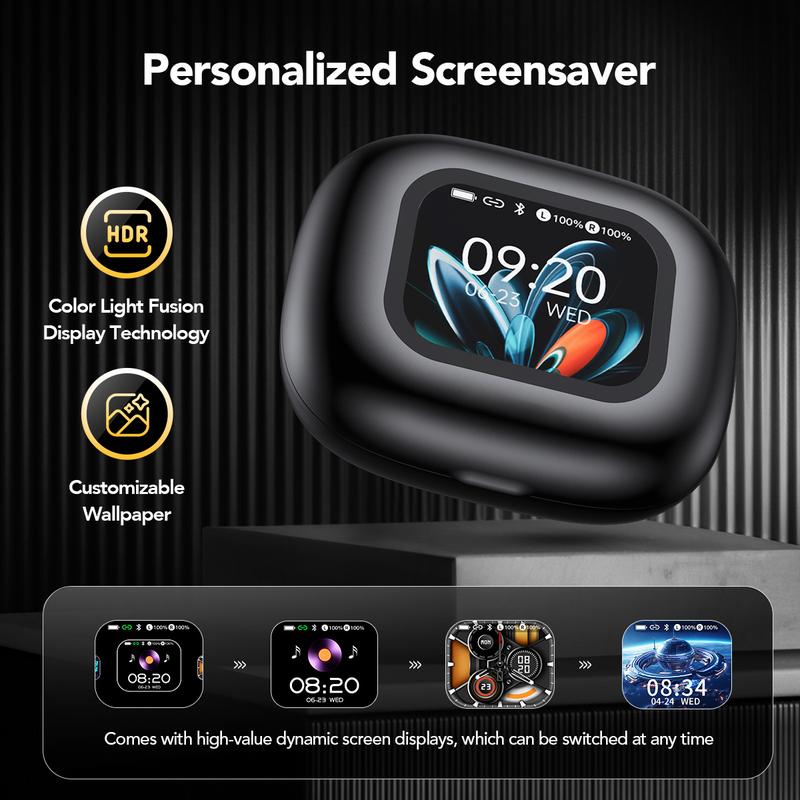 HTC Open-Ear True Wireless Bluetooth Headphones with Microphone LED Smart Controls Earbuds with Earhooks Sweat Resistant Wireless Earphones 48HRS Playtime Headsets Compatible with all Phone Glow Light Strip for Safer Night Running