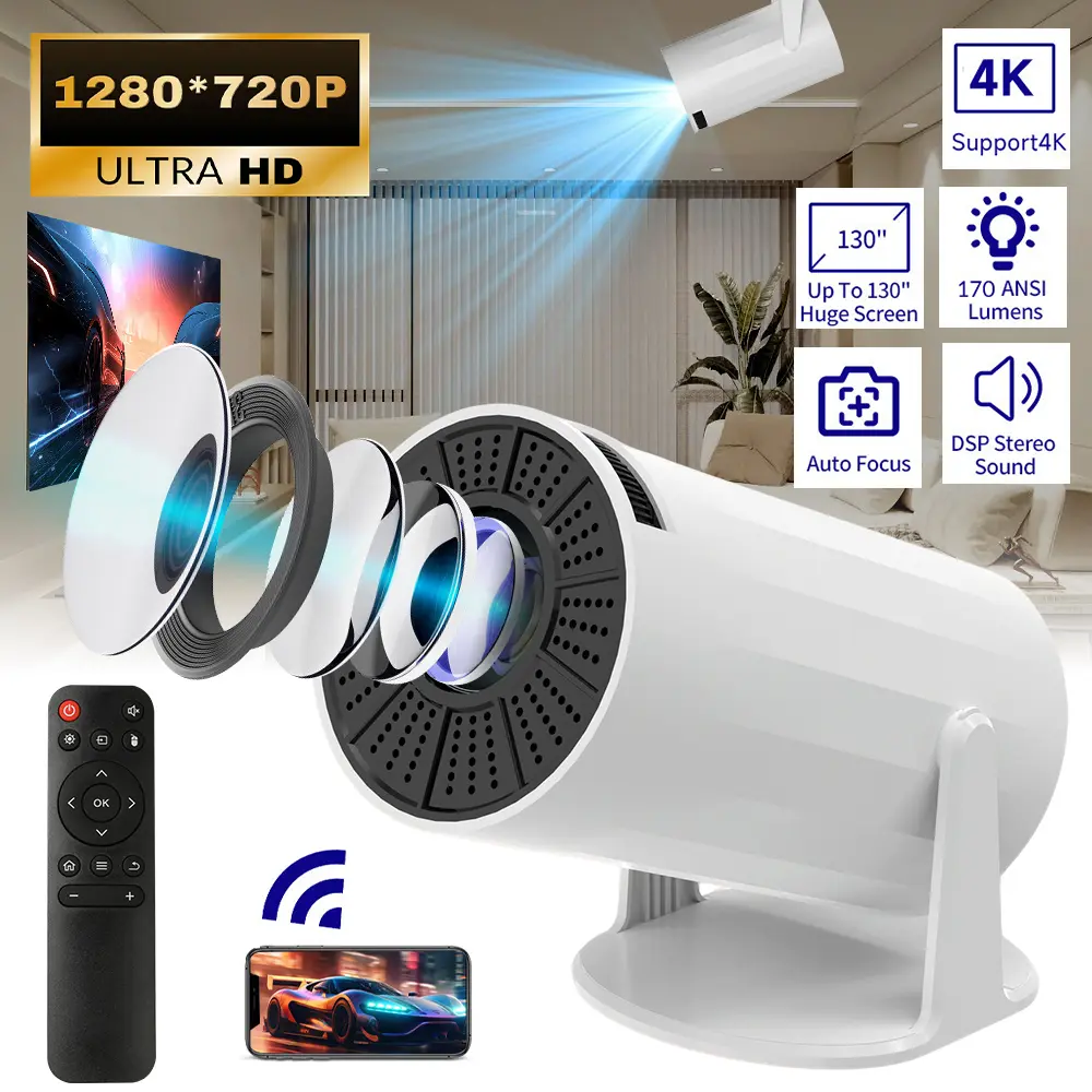 【Back To School Gift】Portable Smart Projector with WiFi 6, Bluetooth 5.4, 180° Rotatable Design, 1280x720P Native Resolution, 4K Support, Auto Focus, Auto Keystone, 170 ANSI Lumens, Built-in Android 11, 130" Screen for Home Theater, Outdoor Movies