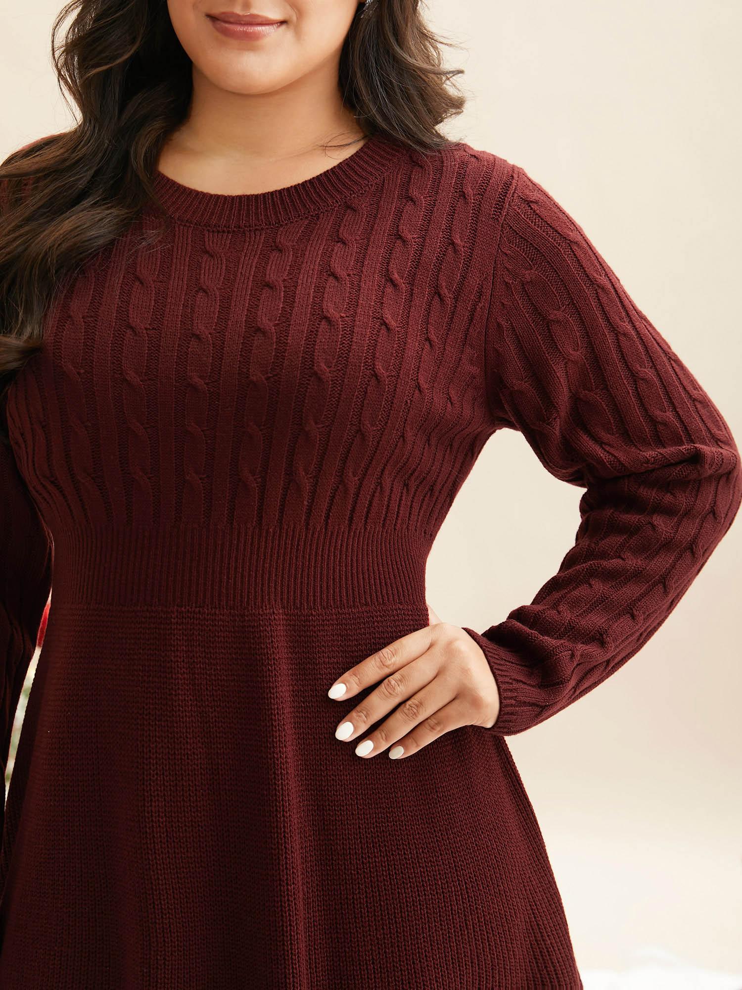 BLOOMCHIC Women's Minimalist Long-Sleeve Round Neck Cable Acrylic Knit Fit-and-Flare Midi Tunic Sweater Dress - 1-Piece, Casual Boho Elegant Style, Regular Sleeve Fabric