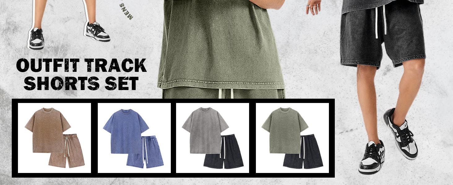 Gihuo Unisex Men Women Acid Wash Short Sleeve Tracksuit Summer T-shirt & Shorts Set Athletic 2 Piece Outfit Track Shorts Set with Elastic Waist & Drawstring