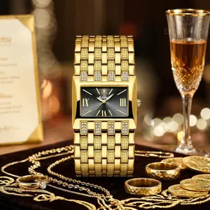 [Mother's Day Gift] Women's Vintage Gold Watch, Elegant Rectangular Face Dress Watch with Rhinestones, Luxury Roman Numeral Timepiece