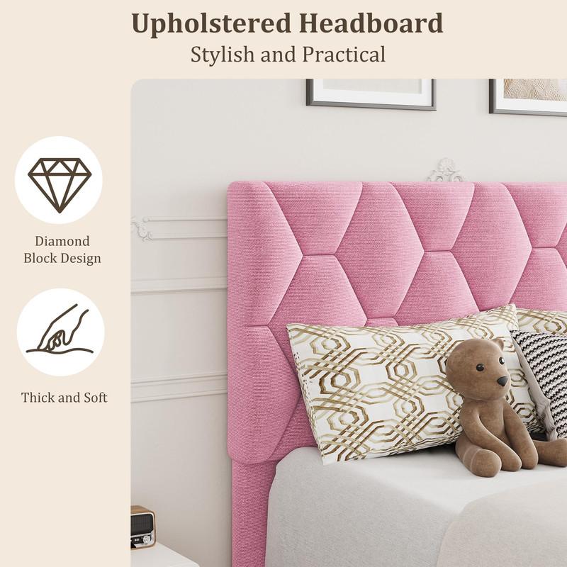 PinkTwin Bed Frame with Upholstered Headboard, Heavy-Duty Platform Bed Frame with Strong Wood Slats, No Box Spring Needed/Noise Free/Easy Assembly