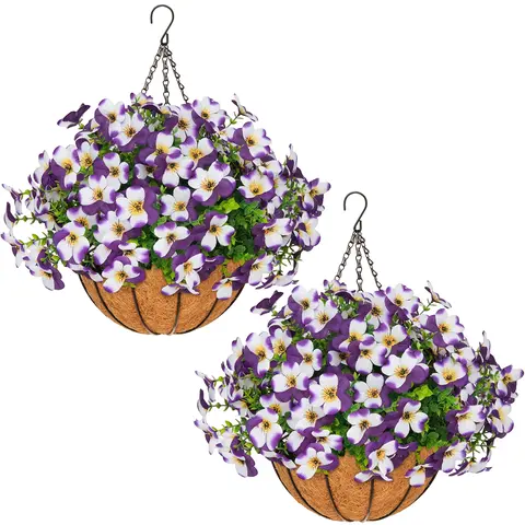 2 Pcs Silk Artificial Pansy Hanging Plant Hanger Pots - UV-Resistant, Sunlight Safe Garden Planters with Vibrant Daisies, Eucalyptus Leaves, Natural Look, Ideal for Summer Outdoor Porch Decoration, Home Decor Items