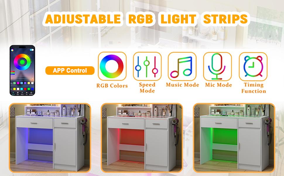 CollaredEagle Vanity Desk With Mirror And 3 Lighting Modes 10 USB Power LED Lights, 40" Makeup Vanity With Glass Top & Power Outlet, Vanity With 36 Lighting Modes Brightness Adjustable RGB Drawers,Dressing Table For Women Girls Bedroom, White