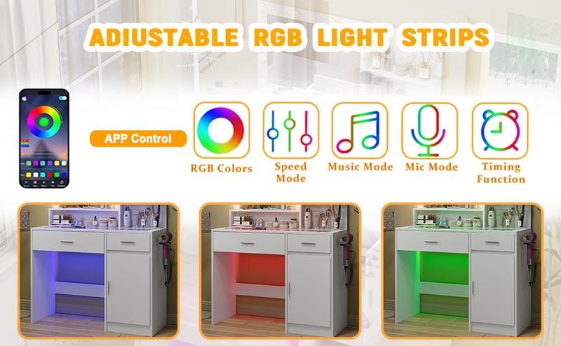CollaredEagle Vanity Desk With Mirror And 3 Lighting Modes 10 USB Power LED Lights, 40" Makeup Vanity With Glass Top & Power Outlet, Vanity With 36 Lighting Modes Brightness Adjustable RGB Drawers,Dressing Table For Women Girls Bedroom, White