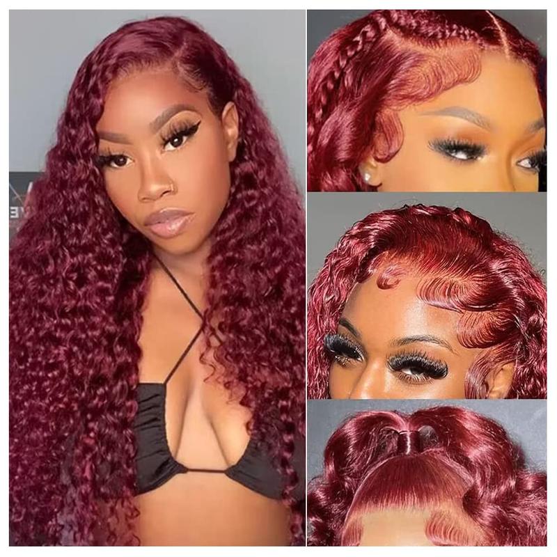 99j Burgundy 13x6 Deep Wave Lace Front Wigs Human Hair  HD Transparent Lace Front Wigs Human Hair for Women 180 Density Pre Plucked Wet And Wavy Red Colored Deep Curly Lace Frontal Wig