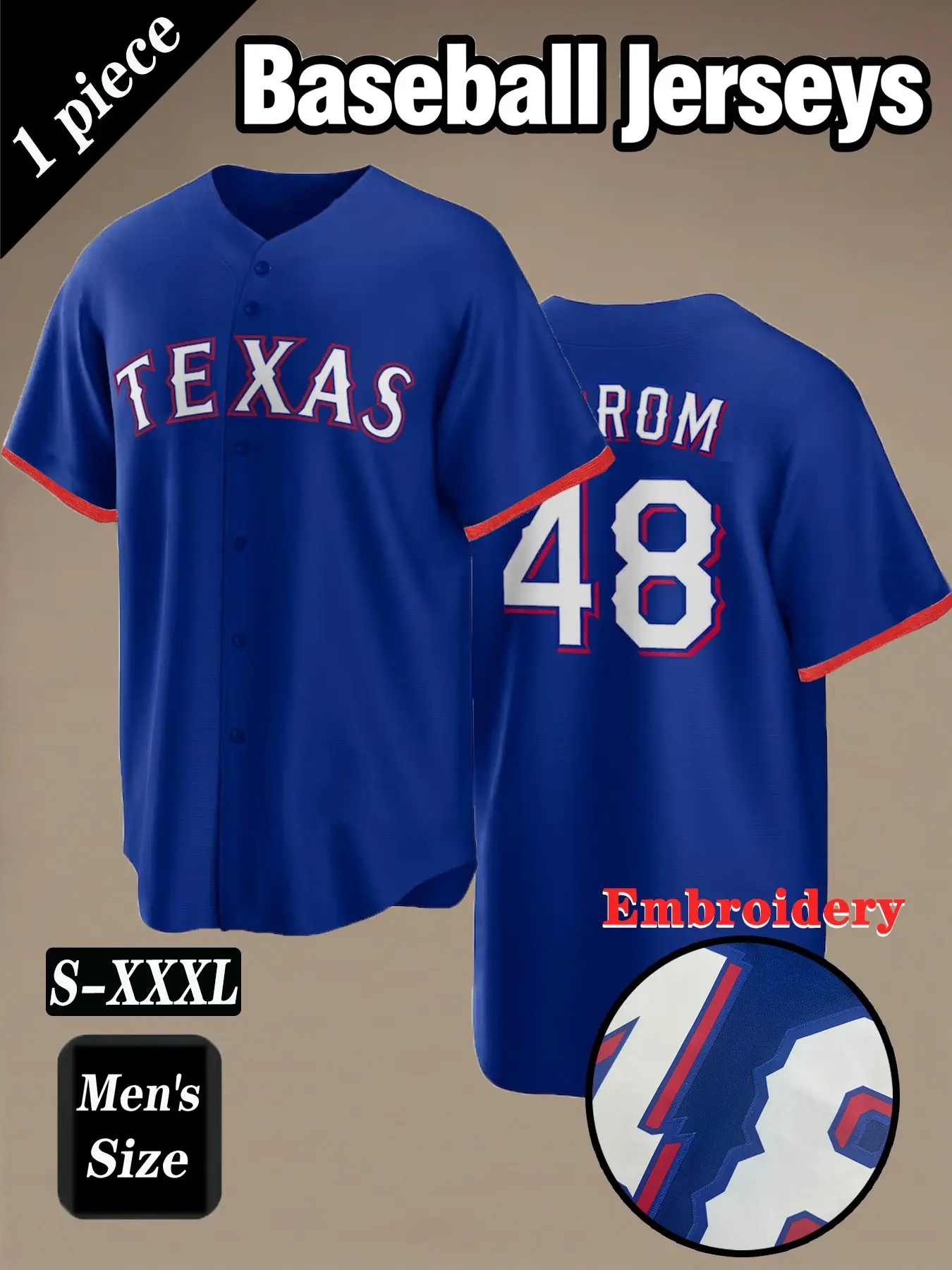 Men's #48 blue baseball jersey, Stylish jersey, Texas letter embroidery design, casual short sleeved V-neck comfortable breathable shirt suitable for outdoor sports and games, street fashion hip-hop outfit, Jersey Shirts, Jersey Top