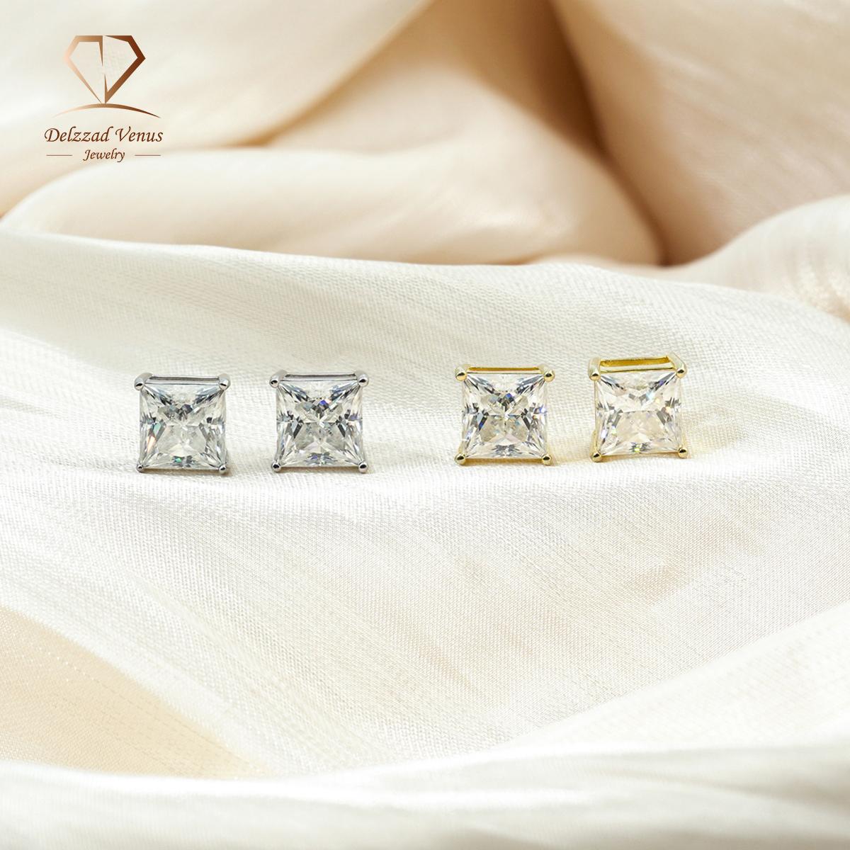 [Unisex Earrings] Delzzad S925 Princess Cut Synthetic Moissanite Stud Earrings Gift For Men Women