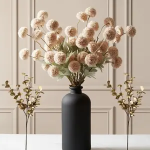Artificial Flowers for Vase - Beige Silk Mums 10 Long Stems and 2 Eucalyptus, Faux Flowers Home Decor, Neutral Tan Cream Floral Arrangement, Fake Chrysanthemum Pom Pom Stems, Spring Fall Centerpiece