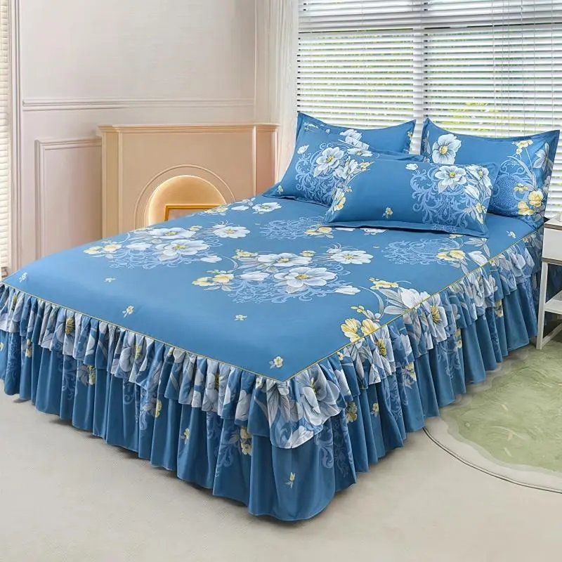 Floral Print Ruffled Edge Bed Skirt Set, 3-Count Set Including 1 Bed Skirt and 2 Pillowcases without Filler, Comfortable Decorative Bedding Set for Home Bedroom