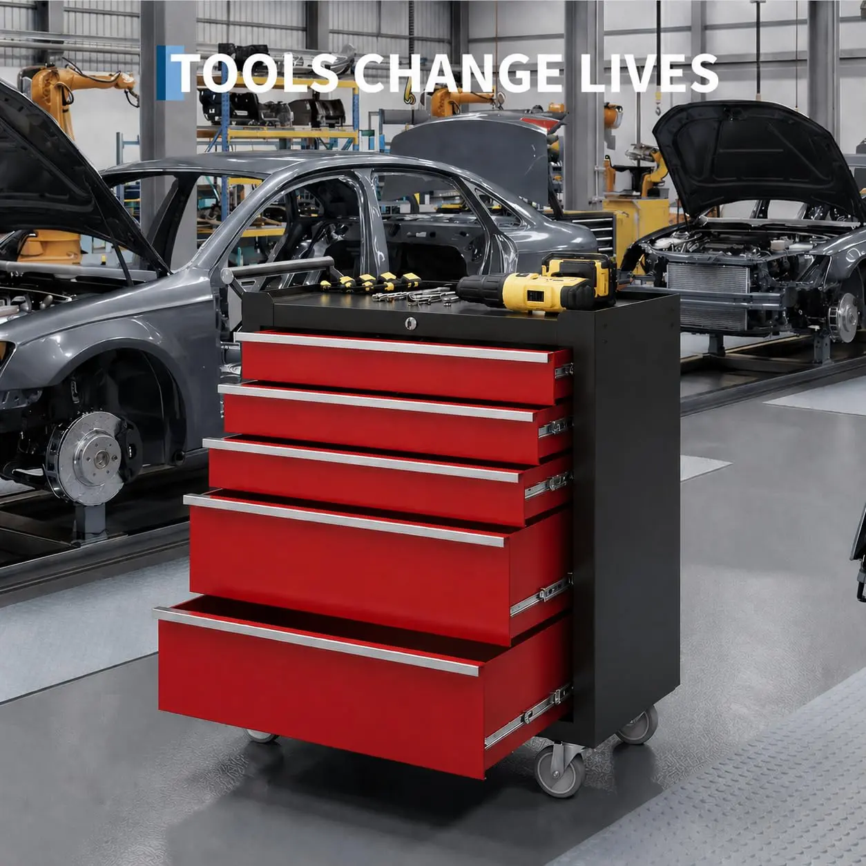 Garvee 5-Drawer Rolling Tool Box with Locking Mechanism and Parking Brake, Portable Garage Tool Storage Cabinet on Wheels for Workshop Repair Shop, Black/Red/Orange/Blue/Red-Black