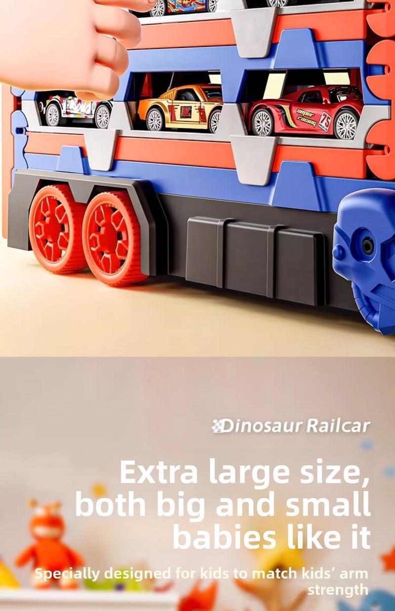 Dino Car Carrier Playset – Transforming Dinosaur Transport Truck with 12 Mini Die-Cast Cars, Launch Ramps & Storage, Toddler Toy for Ages 3–6 Transforming Dinosaur Transport Truck