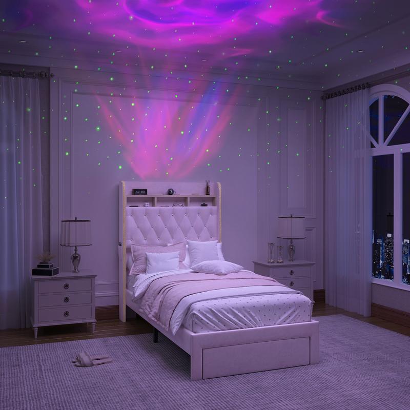 Queen LED Bed Frame with Storage Drawers, Full Size Upholstered Platform Beds with Galaxy Star Projector Charging Station Speaker, King Aurora Bedframe with 2-Tier Storage Headboard, Twin Bed, Noise-Free, PU Leather White Black, Velvet Gray Pink