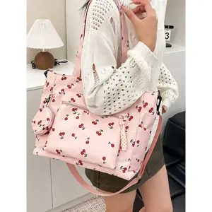 Autumn Winter New Cherry Floral Cute Large Capacity Satchel, Sweet Student Style Crossbody Shoulder Handbag with Coin Pocket, Crossbody Tote Bag